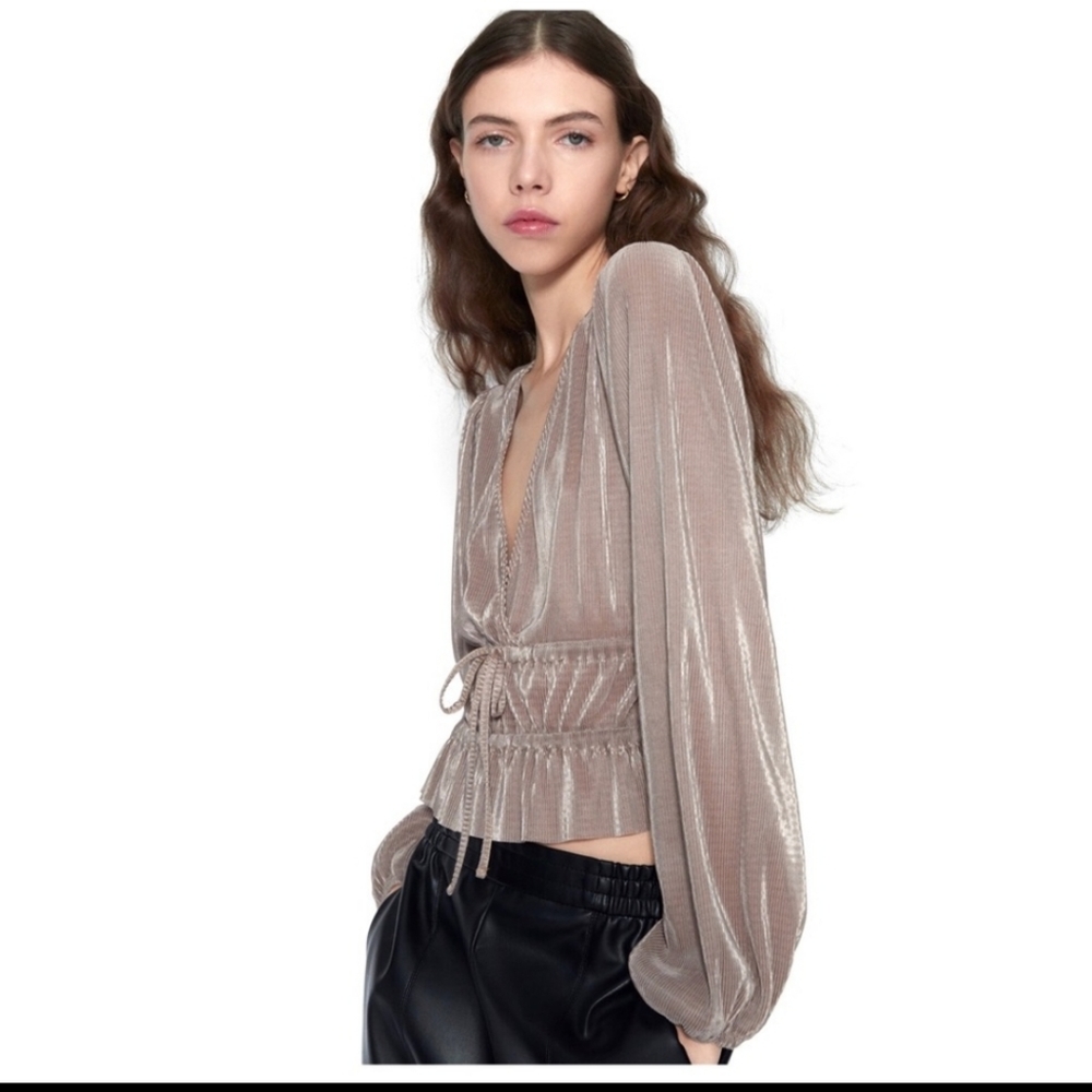 ZARA Taupe Pleated Wrap V-neck Top Large - Picture 6 of 16